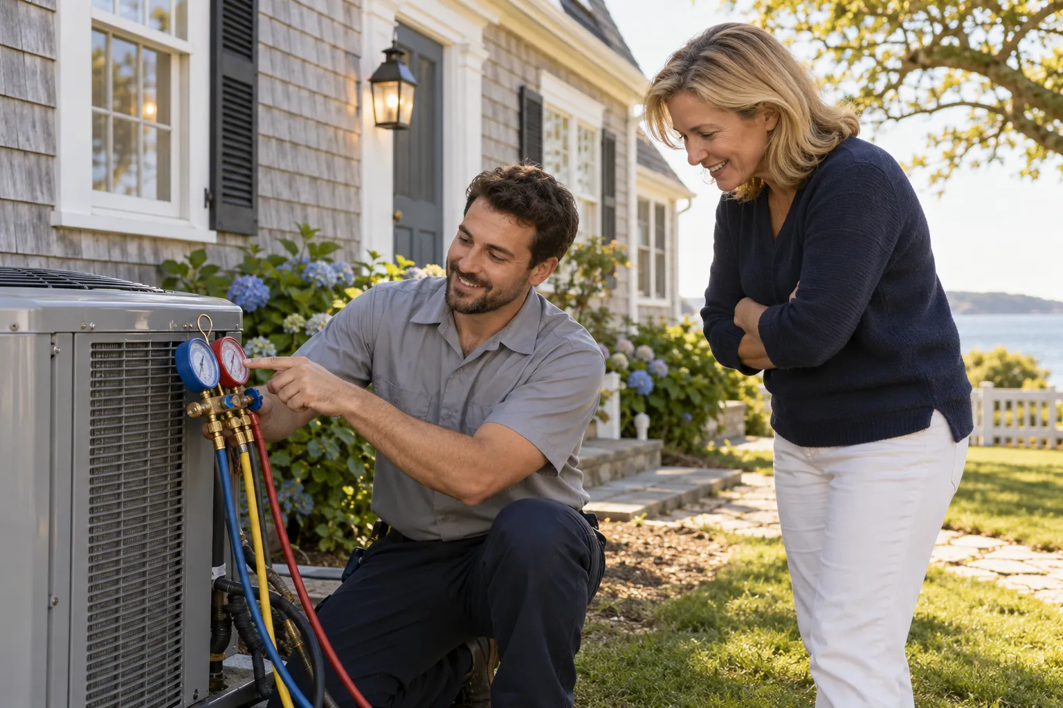 A friendly HVAC provider showing a homeowner the outdoor AC unit beside a home in the Shelton area