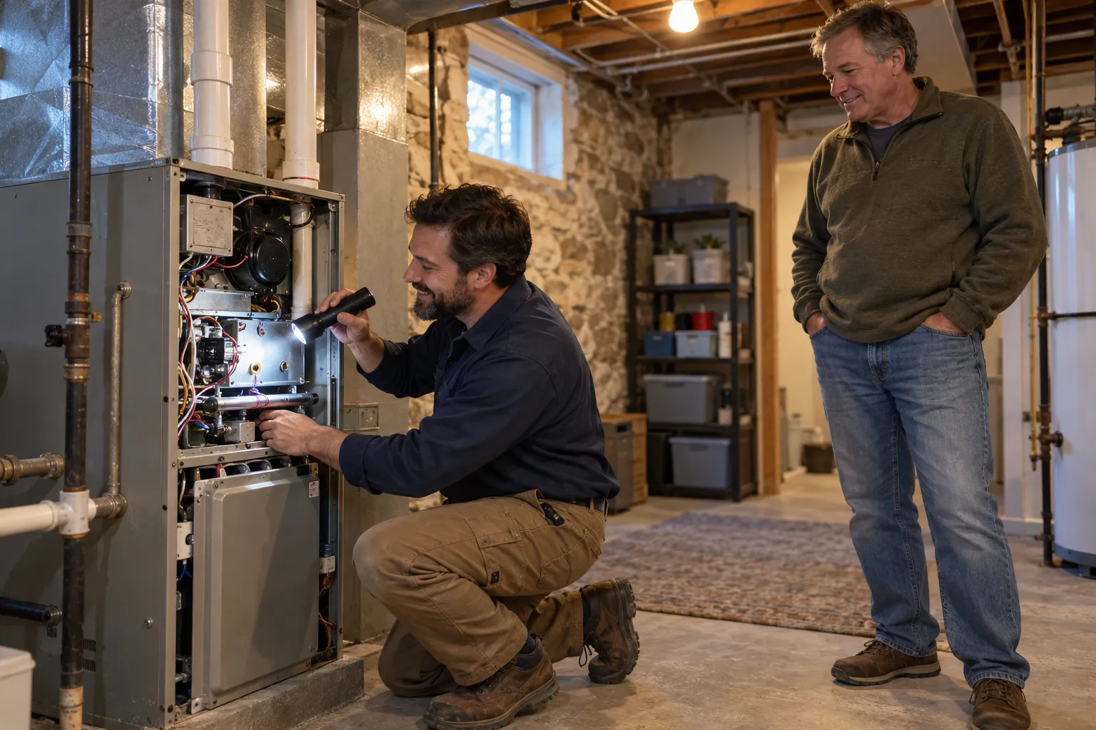 A friendly local provider checking a home furnace in a basement near Shelton