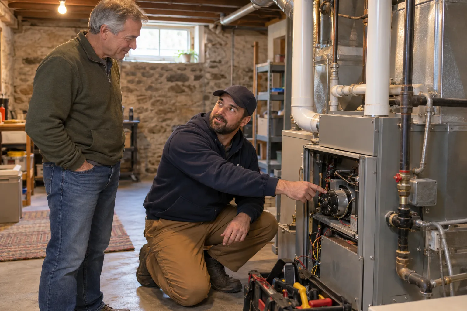 A provider checking a furnace in an older basement in the Shelton area
